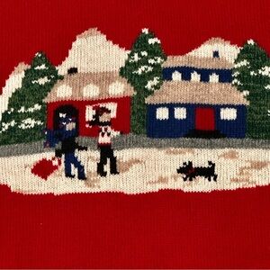 Charter Club Red Holiday Funnel Neck Sweater with Winter Scene Lambs Wool Winter